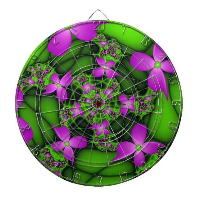 Moderne Abstrakte Neon Pink Green Fraktal Blume Dartscheibe (vorne)