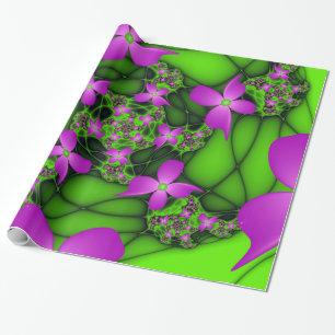 Moderne Abstrakte Neon Pink Green Fraktal Blume Geschenkpapier