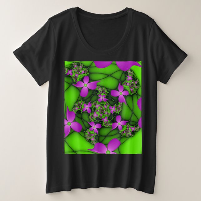 Moderne Abstrakte Neon Pink Green Fraktal Blume Große Größe T-Shirt (Design vorne)