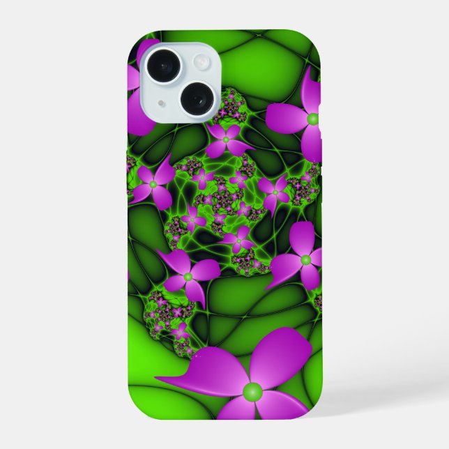 Moderne Abstrakte Neon Pink Green Fraktal Blume iPhone 15 Hülle (Rückseite)