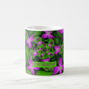 Moderne Abstrakte Neon Pink Green Fraktal Blume Kaffeetasse
