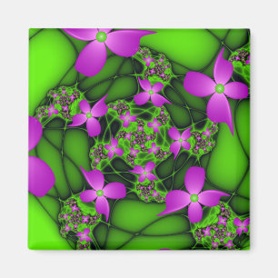 Moderne Abstrakte Neon Pink Green Fraktal Blume Magnet