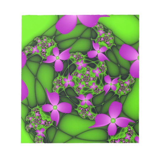 Moderne Abstrakte Neon Pink Green Fraktal Blume Notizblock (Vorderseite)