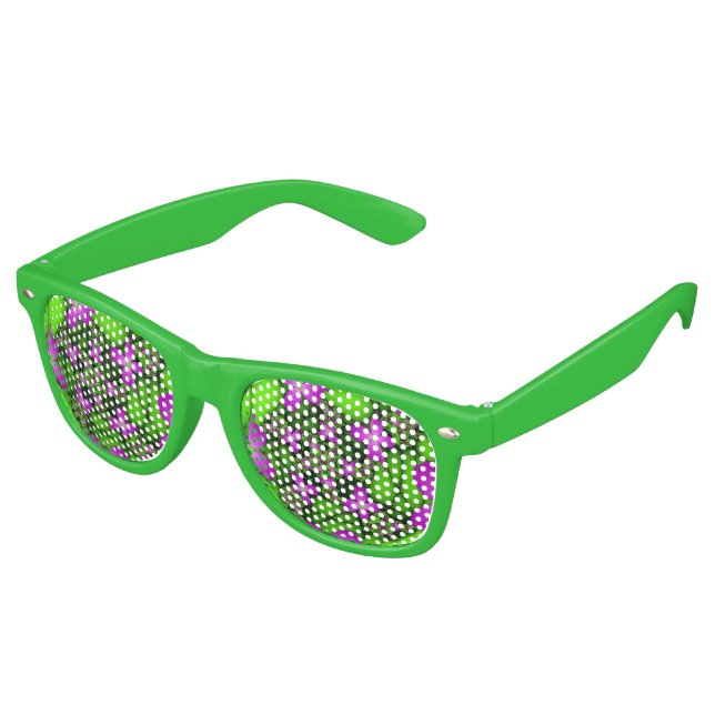 Moderne Abstrakte Neon Pink Green Fraktal Blume Partybrille (Schrägansicht)