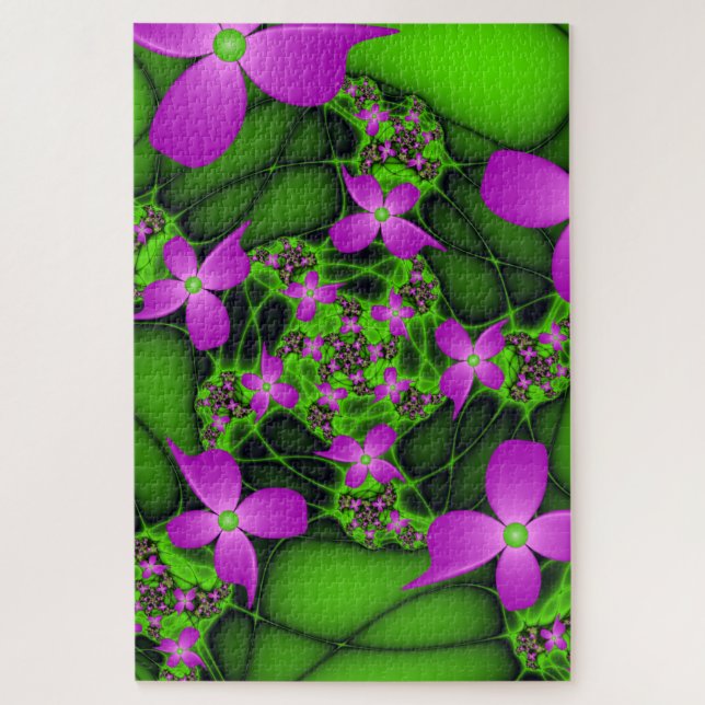 Moderne Abstrakte Neon Pink Green Fraktal Blume Puzzle (Vertikal)