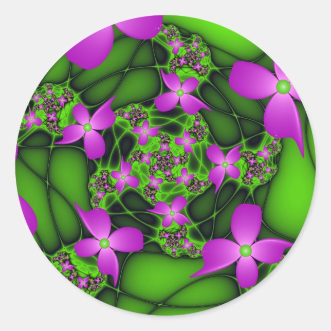Moderne Abstrakte Neon Pink Green Fraktal Blume Runder Aufkleber (Vorderseite)