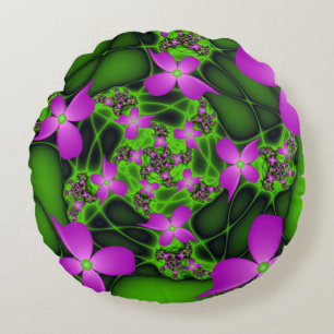 Moderne Abstrakte Neon Pink Green Fraktal Blume Rundes Kissen