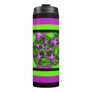 Moderne Abstrakte Neon Pink Green Fraktal Blume Thermosbecher