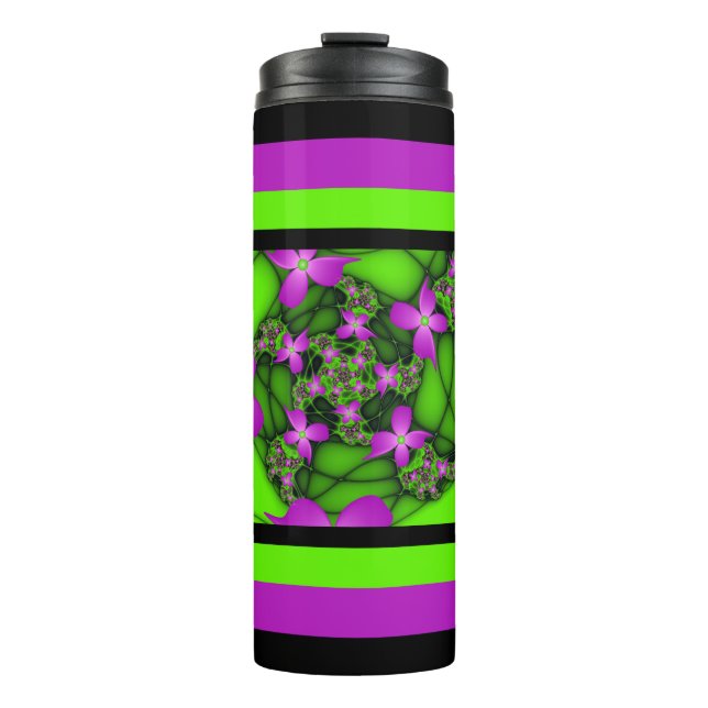 Moderne Abstrakte Neon Pink Green Fraktal Blume Thermosbecher (Vorderseite)