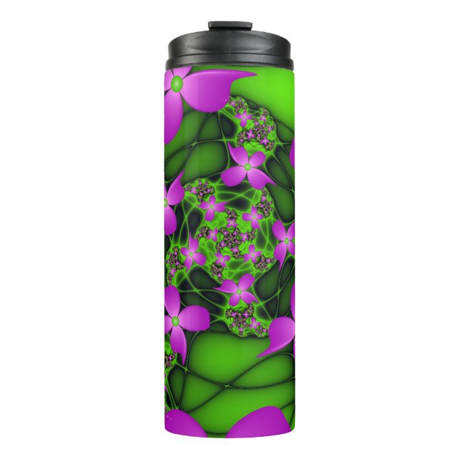Moderne Abstrakte Neon Pink Green Fraktal Blume Thermosbecher (Vorderseite)
