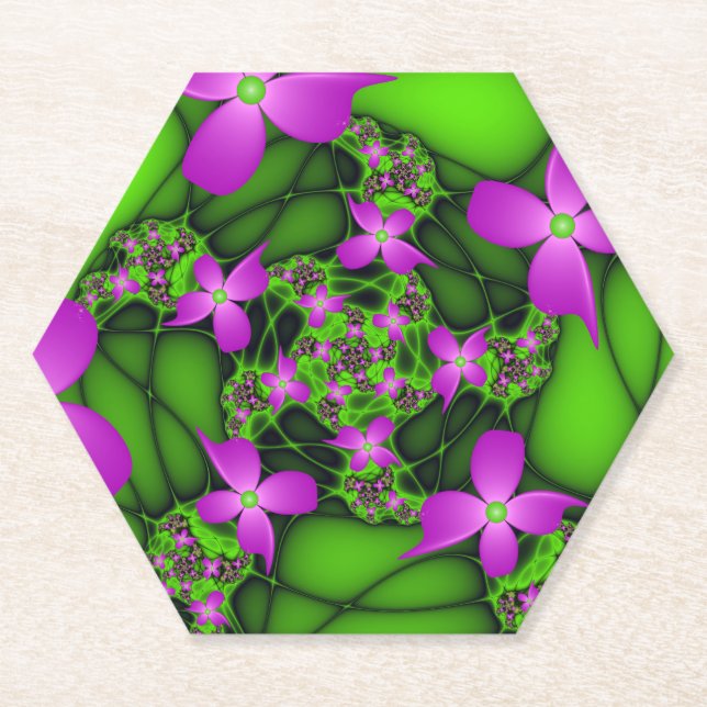Moderne Abstrakte Neon Pink Green Fraktal Blume Untersetzer (Vorderseite)
