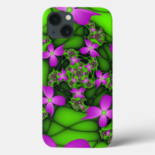 Moderne abstrakte neon-pink-grüne Fraktalblumen iPhone 13 Hülle