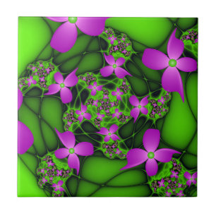 Moderne abstrakte neon-pink-grüne Fraktalblumen Fliese