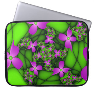 Moderne abstrakte neon-pink-grüne Fraktalblumen Laptopschutzhülle