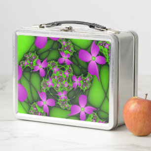 Moderne abstrakte neon-pink-grüne Fraktalblumen Metall Lunch Box