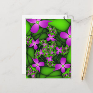 Moderne abstrakte neon-pink-grüne fraktale Blumen Postkarte
