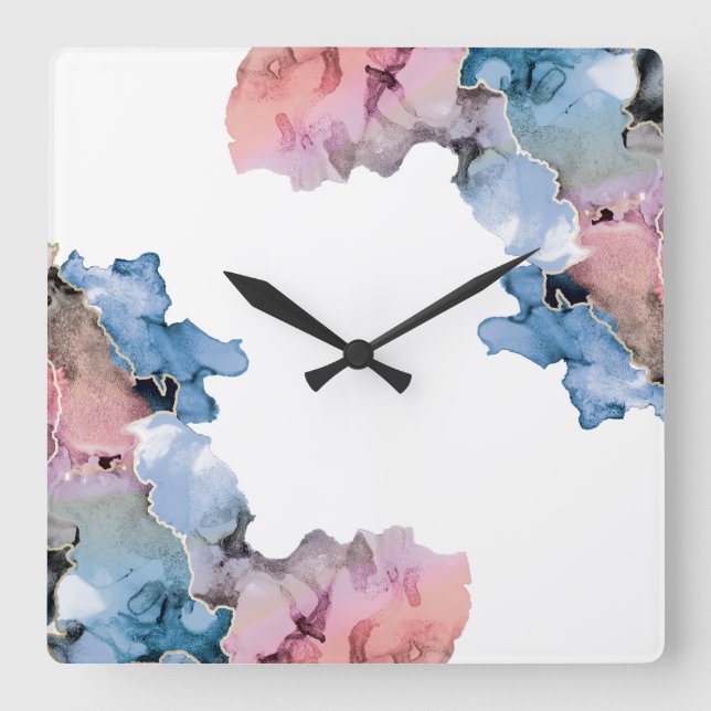 Moderne Abstrakte Paint Splash Tinten Blau Pink Quadratische Wanduhr (Vorderseite)