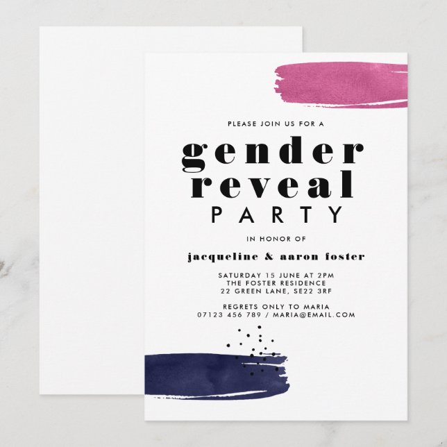Moderne Abstrakte Pinselstriche Gender Reveal Part Einladung (Vorne/Hinten)