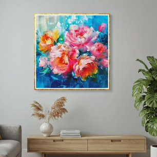 Moderne abstrakte rosa Blumen – Goldene Texturrahm Leinwanddruck