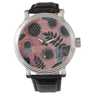 Moderne abstrakte rosa und schwarze botanische Blü Armbanduhr
