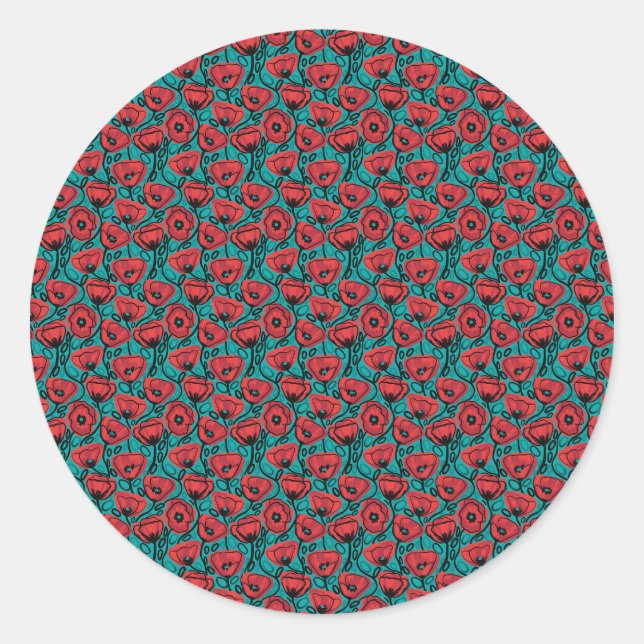 Moderne abstrakte rote Mohn-Blumenmuster Runder Aufkleber (Vorderseite)