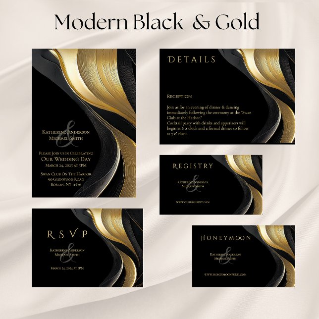 Moderne Abstrakte Schwarz-Gold-Hochzeit Einladung (Modern Black and Gold Abstract Wedding Collection)