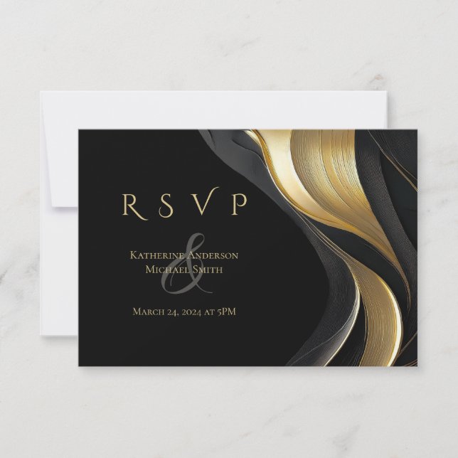Moderne Abstrakte Schwarz-Gold-Hochzeit RSVP Karte (Vorderseite)