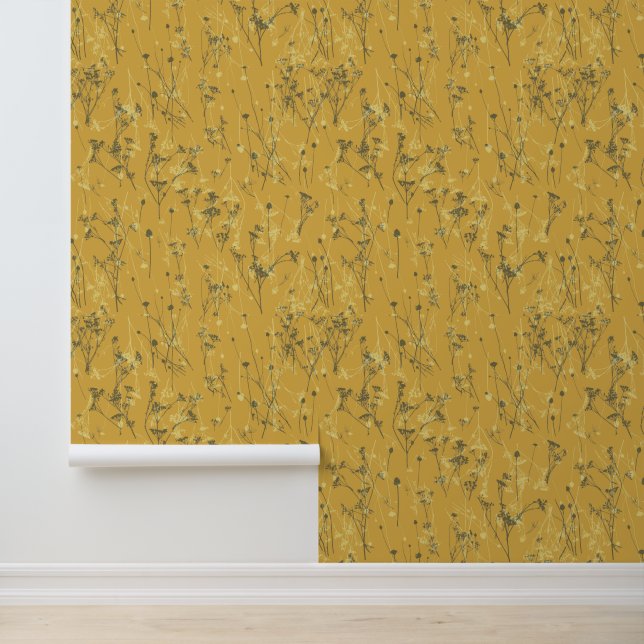 Moderne Abstrakte Senfgelbe Wildblumen Tapete (Anwendung)