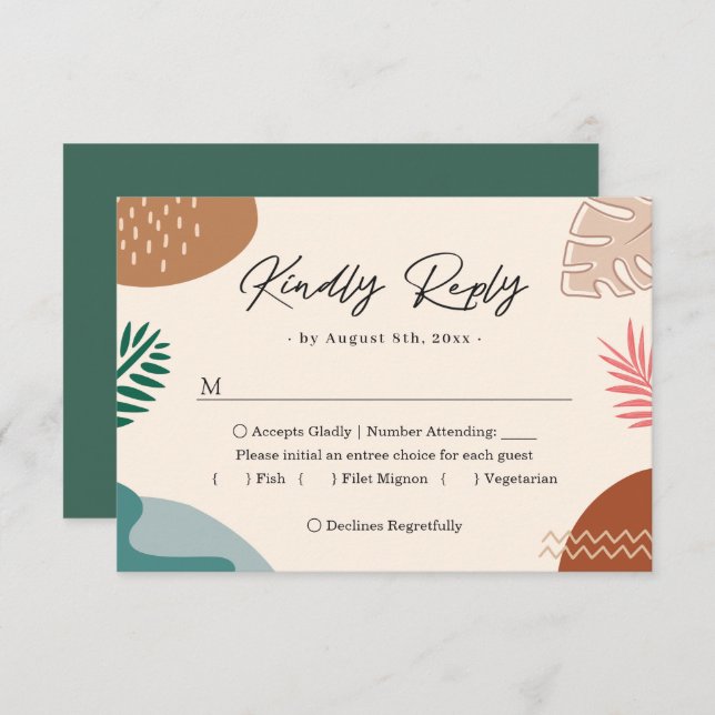 Moderne Abstrakte Sommer-Tropen-Blätter Hochzeit RSVP Karte (Vorne/Hinten)