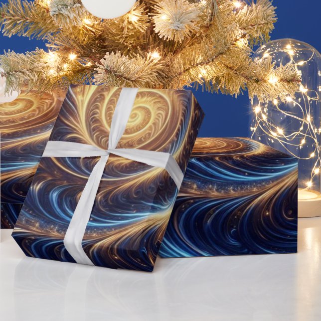 Moderne Abstrakte Space Royal Blue und Gold Wirbel Geschenkpapier (Feiertage)