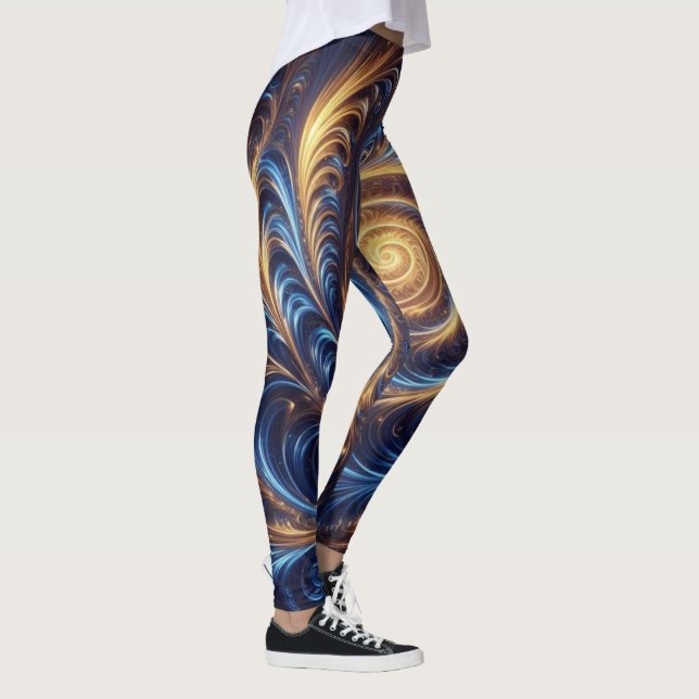 Moderne Abstrakte Space Royal Blue und Gold Wirbel Leggings (Rechts)