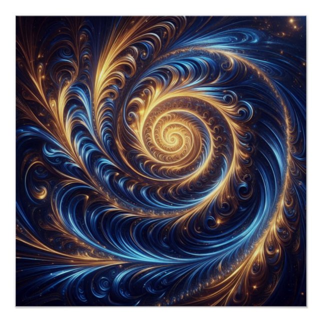 Moderne Abstrakte Space Royal Blue und Gold Wirbel Poster (Vorderseite)