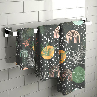 Moderne abstrakte Terrazzo- und botanische Collage Badhandtuch Set