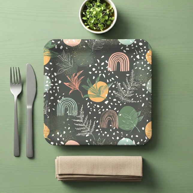 Moderne abstrakte Terrazzo- und botanische Collage Pappteller (Von Creator hochgeladen)