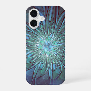 Moderne abstrakte trendige blaue Blumen-Fraktal-Ku iPhone 16 Hülle