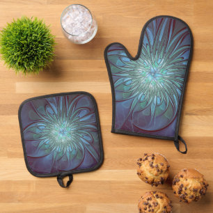 Moderne abstrakte trendige blaue Blumen-Fraktal-Ku Ofenhandschuh & Topflappen-Set