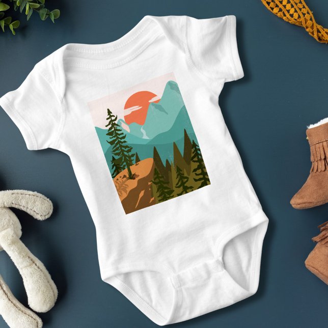 Moderne abstrakte Wald-, Berg- und Sonnenaufgangss Baby Strampler (Close up)