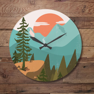 Moderne abstrakte Wald-, Berg- und Sonnenaufgangss Große Wanduhr