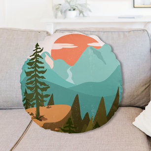 Moderne abstrakte Wälder, Berge und Sonnenaufgang Rundes Kissen