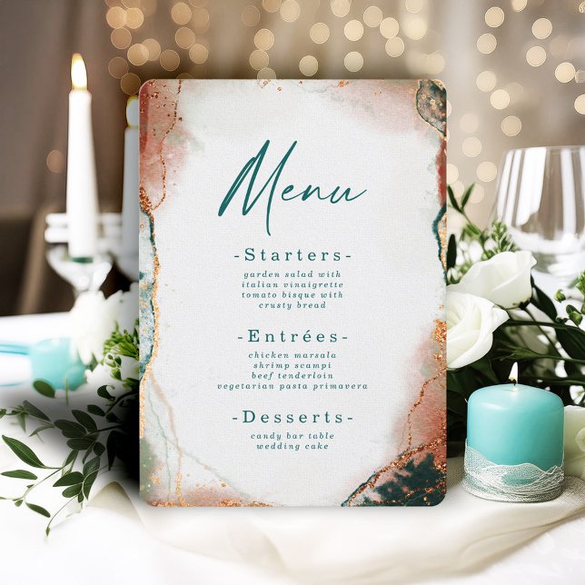 Moderne Abstrakte Wasserfarbe Aquamarin & Kupfer H Menükarte (Modern Teal and Copper Wedding Reception Menu)