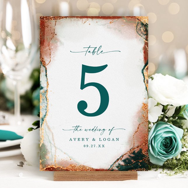 Moderne Abstrakte Wasserfarbe Aquamarin & Kupfer H Tischnummer (Elegant wedding table number cards with a modern abstract watercolor design in teal and copper)