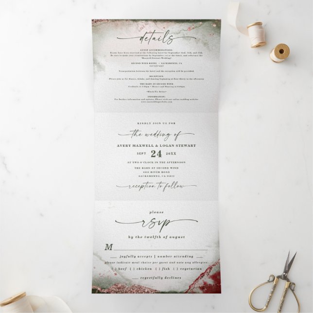 Moderne Abstrakte Wasserfarbe Terra Rosa Pink Hoch Dreifach Gefaltete Einladung (Innenseite)