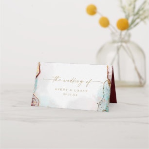 Moderne Abstrakte Wasserfarben Red Aqua & Gold Hoc Platzkarte