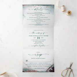 Moderne Abstrakte Wasserfarben Smaragdgrüne Hochze Dreifach Gefaltete Einladung