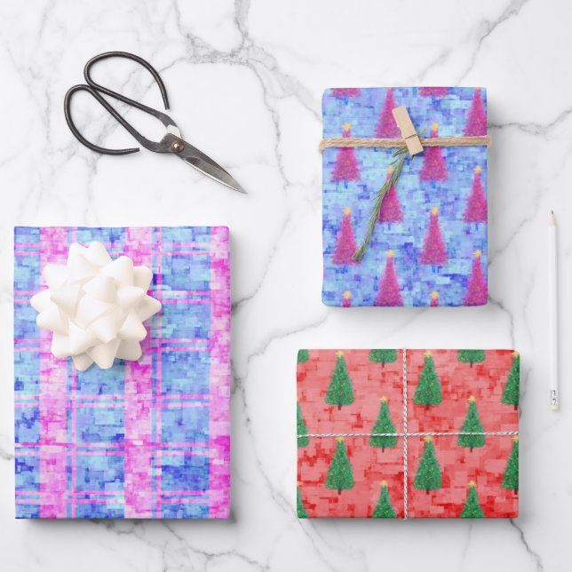 Moderne Abstrakte Weihnachtsbaummuster Wasserfarbe Geschenkpapier Set (Vorderseite)