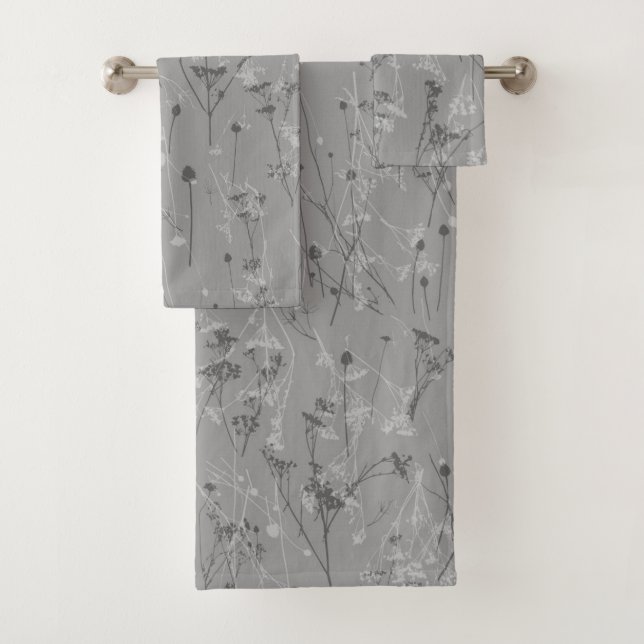 Moderne Abstrakte Wildblumen Grau Badhandtuch Set (Insitu)