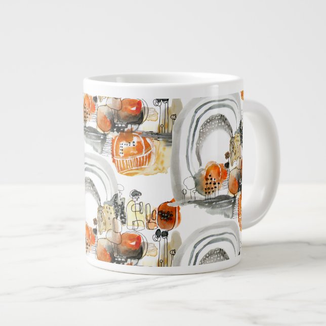 Moderne Abstraktion Niedliches Muster Orangendoodl Jumbo-Tasse (Vorderseite Rechts)