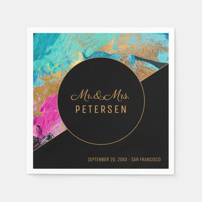 Moderne Acrylmalerei Gold Hochzeit Mr & Mrs. Serviette (Vorderseite)