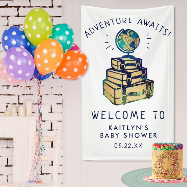 Moderne Adventure Travel Globe Baby Dusche Willkom Banner (Von Creator hochgeladen)