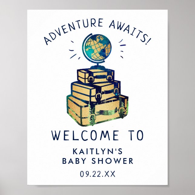 Moderne Adventure Travel Globe Baby Dusche Willkom Poster (Vorne)